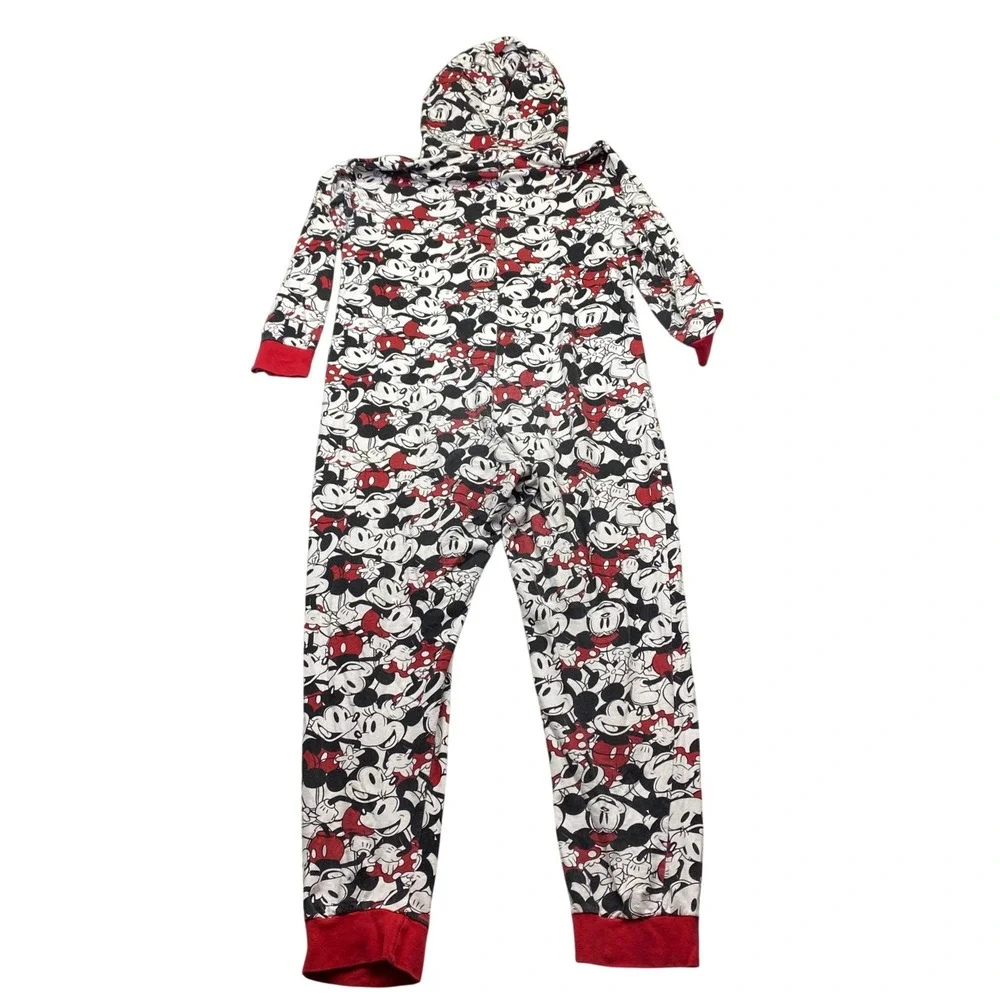 Disney Minnie Mouse All Over Print Hooded Pajama Onesie‎ Sleepwear Red Trim Sz M - Picture 6 of 11